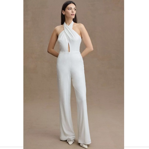 NWT BHLDN HALSTON DANIELLE CUTOUT HALTER WIDE-LEG SEQUIN JUMPSUIT